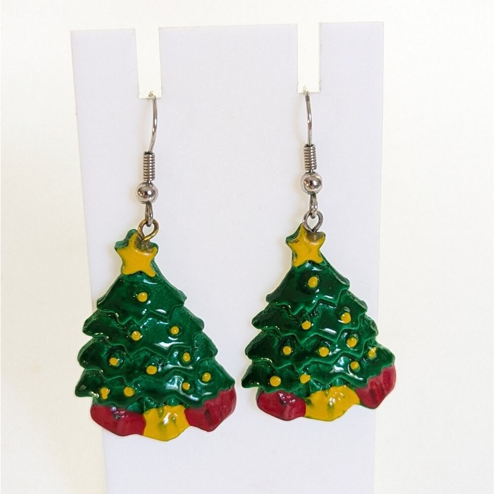 Vintage Acrylic Novelty Christmas Tree Holiday Presents Dangle Hook Earrings